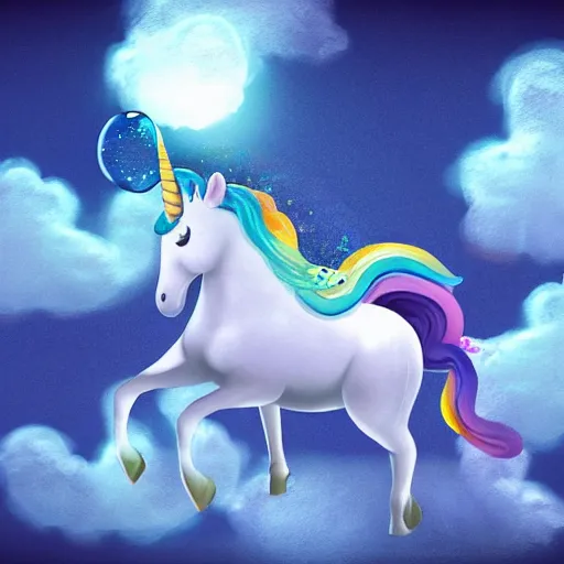 Image similar to A unicorn in the shape of a bubble floating in the air, mystical fantasy, concept art