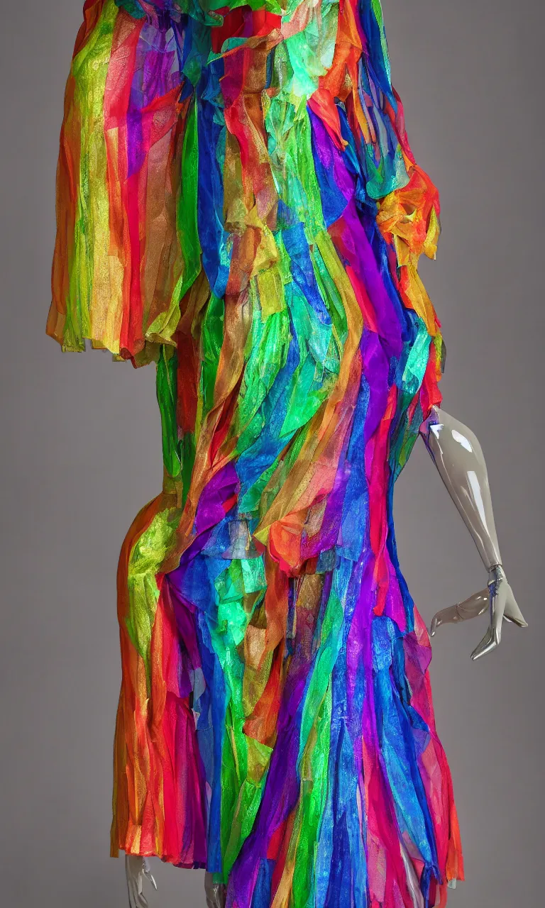 Image similar to full-length photo of a mannequin wearing a sheer rainbow dress, fashion photography