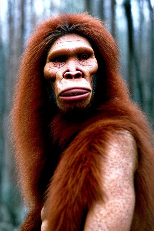 Prompt: a professional portrait photo of a neanderthal woman forest, dirty face, ginger hair and fur, extremely high fidelity, natural lighting, still from the movie quest for fire