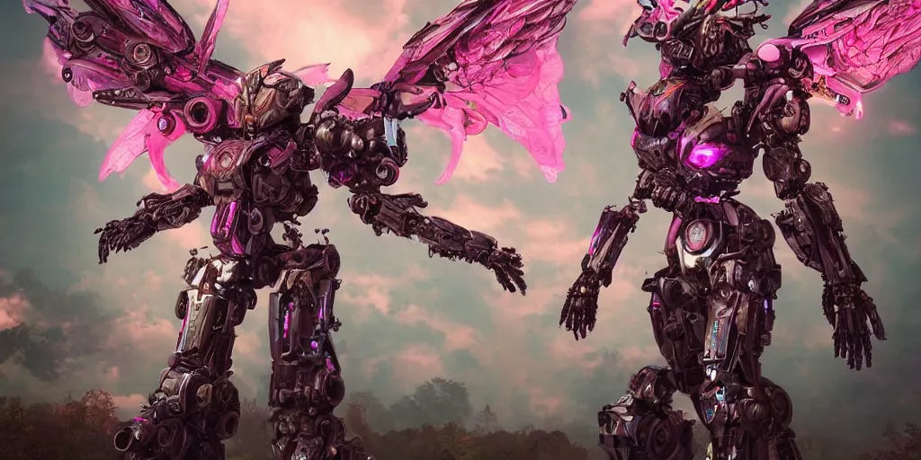 Prompt: a female saints made of mecha with huge feature wings is flying in the fantasy forest by merriam, daniel, intricate mechanical details, futuristic, 2 k aesthetic, dramatic lighting, concept art, 4 k, 3 d octane render, pink and red collection, highly saturated colors, provenance, detailed, trending on artstation