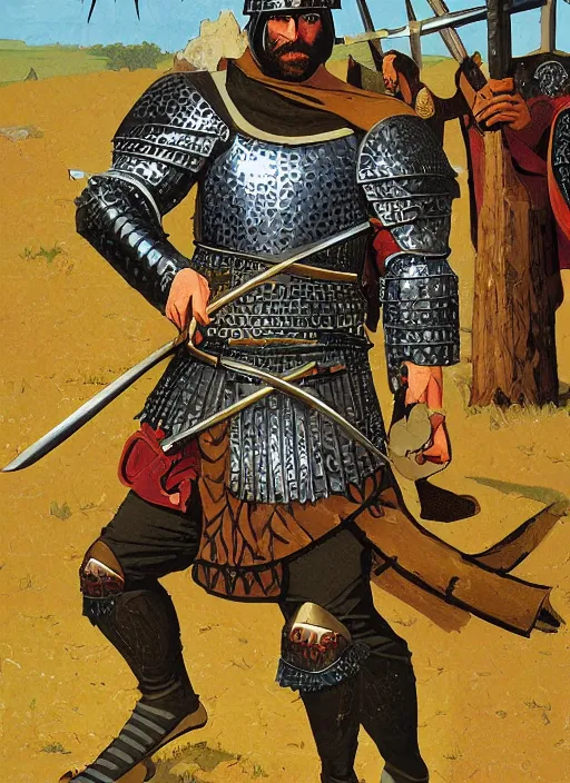 Prompt: character art illustration of a medieval Byzantine infantry warrior by Angus McBride.