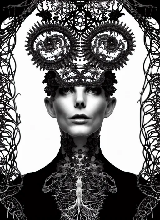 Image similar to surreal black and white photo portrait of complex bio-mechanical beautiful young female vegetal-cyborg with a Mandelbrot fractal steampunk metal fine lace face, curled silver hair and a fine metal floral foliage super big lace collar by Alexander McQueen:: high fashion, haute couture, rococo, steampunk, silver filigree details, anatomical, facial muscles, cable wires, microchip, elegant, hyper realistic, 150 mm lens, soft rim light, octane render, unreal engine, volumetric lighting, 8k,