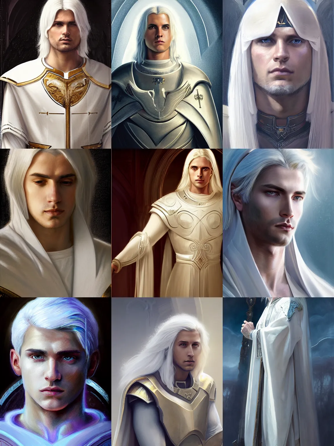 Prompt: portrait of a young beautiful calm and pious male aasimar paladin halo:15 above head with medium length white hair wearing white vestments under armor, pensive and hopeful expression, cinematic light, symmetrical face illustration, painterly, Greg Rutkowski:9, intricate, masterpiece, clean shaven, fantasy, 8k