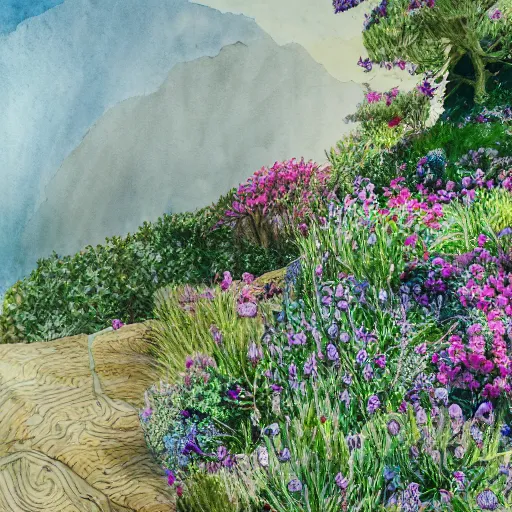 Image similar to delicate coastline mountain garden on paper, stony, puffy, botanical herbarium, botanic watercolors, iridescent, 8 k wide angle, realistic shaded, fine details, artstation, italian, rainbow, colonnade, oak tree, pomegranade, vines, gardena architecture, pompeian, sicilian