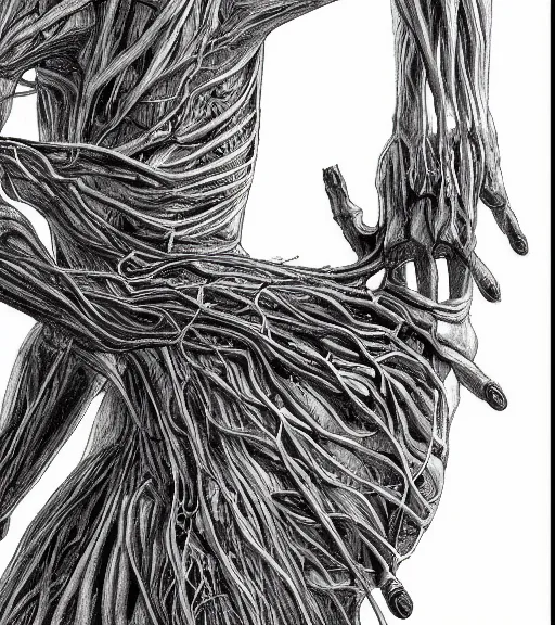 Image similar to the human nervous system. black and white drawing, in the style of greg rutkowski, fantasy, amazing detail, epic, intricate, elegant, smooth, sharp focus