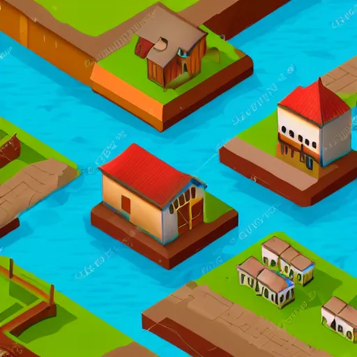 Image similar to small fantasy town, view from above, isometric, stylized, low poly, river, watermill