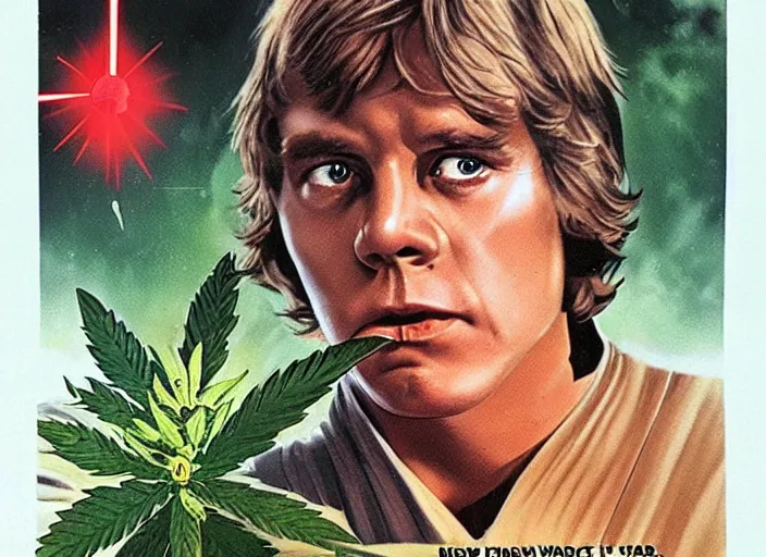 Image similar to vintage 1 9 7 7 star wars episode iv a new hope movie poster, of luke skywalker with bloodshot eyes smoking a huge blunt, surrounded by cannabis plants