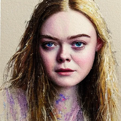 Image similar to professional painting of Elle Fanning in the style of Myles Birket Foster, head and shoulders portrait, symmetrical facial features, smooth, sharp focus, illustration, intricate, stormy weather, extremely detailed masterpiece,