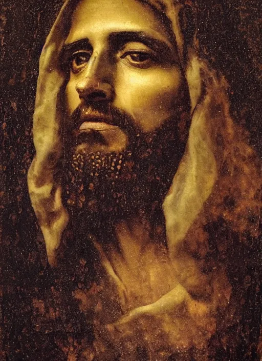 Image similar to portrait of jesus christ with fire in his eyes, by nicola samori, painting, 8 k, high detail