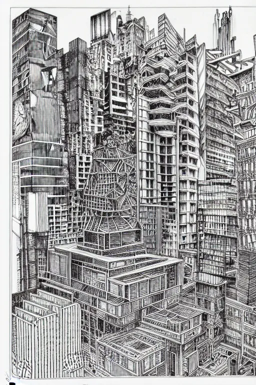 Image similar to a black and white drawing of a building, cityscape, a detailed mixed media collage by hiroki tsukuda and eduardo paolozzi and moebius, intricate linework, sketchbook psychedelic doodle comic drawing, geometric, street art, polycount, deconstructivism, matte drawing, academic art, constructivism