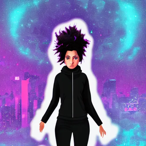 Image similar to poster artwork, sci fi, a female, full body, black hoodie techie, black hair with purple streaks, 8 k