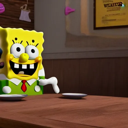 Image similar to spongebob squarepants made of rubber in 3 d, working as a waiter at an olive garden waiting on customers, hyperrealistic, 4 k