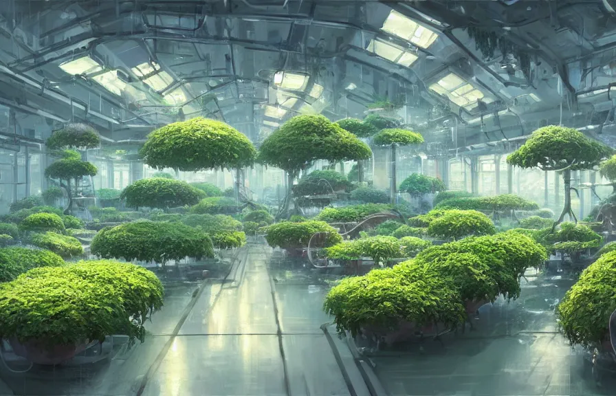 Image similar to concept art of a lush indoor hydroponics lab full of bonsai fruit trees in a far - future utopian city, key visual, ambient lighting, highly detailed, digital painting, artstation, concept art, sharp focus, by makoto shinkai and akihiko yoshida and hidari and wlop