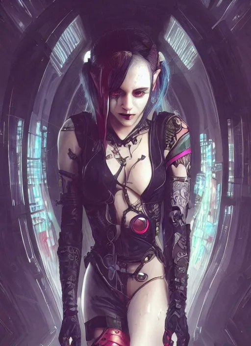 Image similar to a beautiful illustration of cyberpunk elven harley quinn, black hair, intricate, sharp focus, illustration, highly detailed, digital painting, concept art, matte, art by wlop and artgerm and greg rutkowski and alphonse mucha, masterpiece