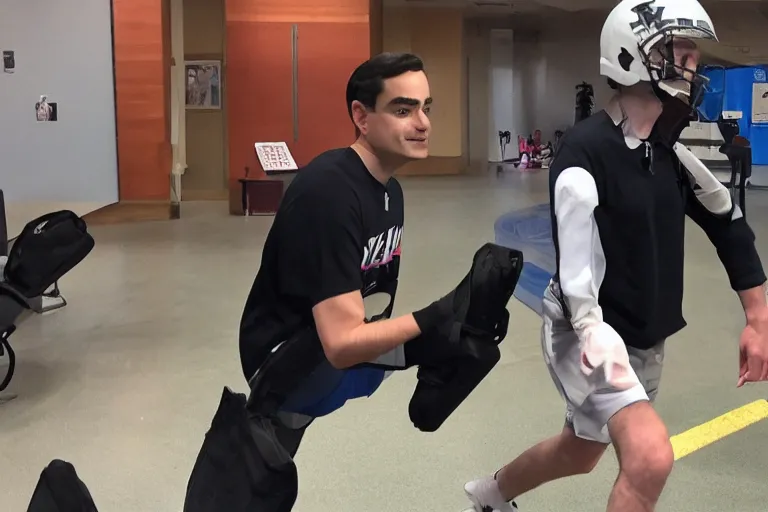 Image similar to Ben shapiro wearing a helmet, knee pads