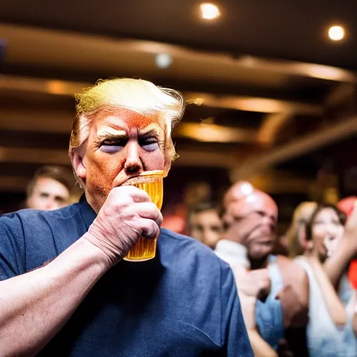 Image similar to donald trump drinking root beer infront of an audience, photography