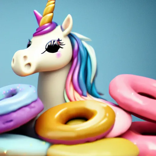 Image similar to a unicorn with flammingo neck is pooping rainbow colored donuts, unreal engine, octane render