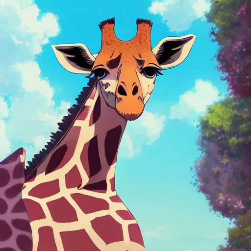 Image similar to a giraffe wearing a pink dress, illustration concept art anime key visual trending pixiv fanbox by wlop and greg rutkowski and makoto shinkai and studio ghibli and kyoto animation symmetrical facial features