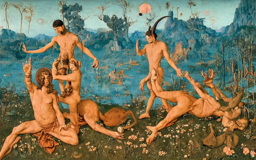 Image similar to a portrait photograph of a meditating satyr and a centaur monk riding a rocket machine and hunting at a river delta. surrounded by bulbous flowers and trees. mountain range under a blue sky of fiery stars. by jan van eyck, max ernst, ernst haeckel, ernst fuchs and artgerm, cgsociety, fashion editorial, 8 k