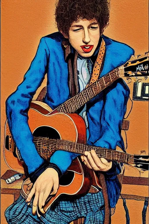 Prompt: “portrait of young bob Dylan, by Robert crumb, colourful, detailed”