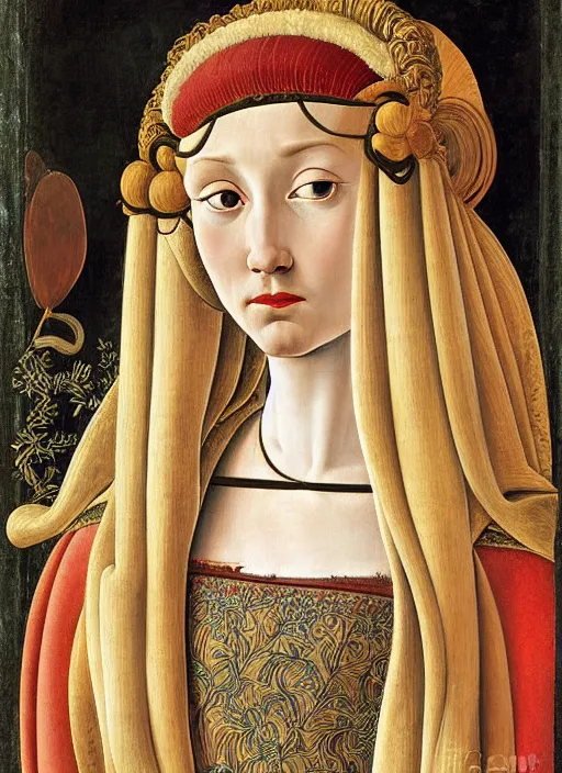 Image similar to portrait of young woman in renaissance dress and high headdress, art by sandro botticelli