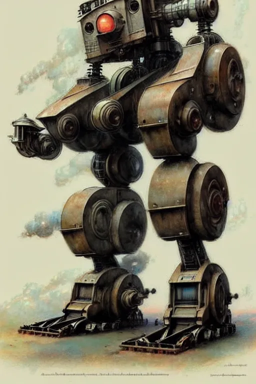 Image similar to (((((1950s huge steam engine mecha robot. muted colors.))))) by Jean-Baptiste Monge !!!!!!!!!!!!!!!!!!!!!!!!!!!
