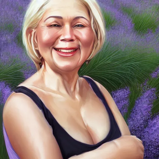 Image similar to 6 0 year old mildly overweight american blonde woman, welcoming grin, wearing black, both arms completely filled with lavender hydrangeas, small white dog at her side, portrait, headshot, in the style of alexis franklin, thomas river, ross tran, wlop, artgerm, detailed, high quality