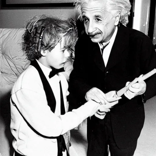 Prompt: albert einstein beating justin bieber with mace