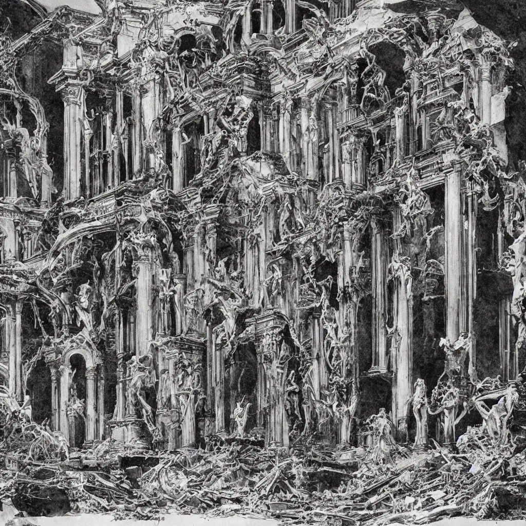 Image similar to extremely detailed illustration by bernie wrightson of a destroyed panteon with 7 statues of extint forgotten gods