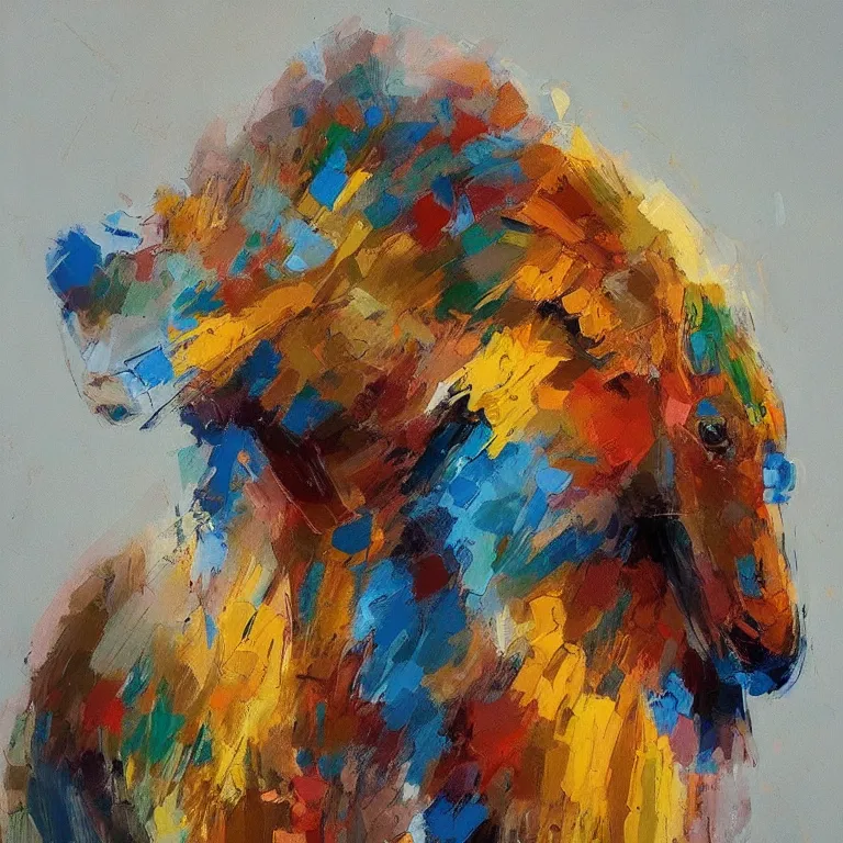 Prompt: Beautiful animal built from geometric shapes. Rough brushstrokes. Rough background. Grainy. Fine details. Colourful but muted scheme. Painting by Pavel Lizano (2018)