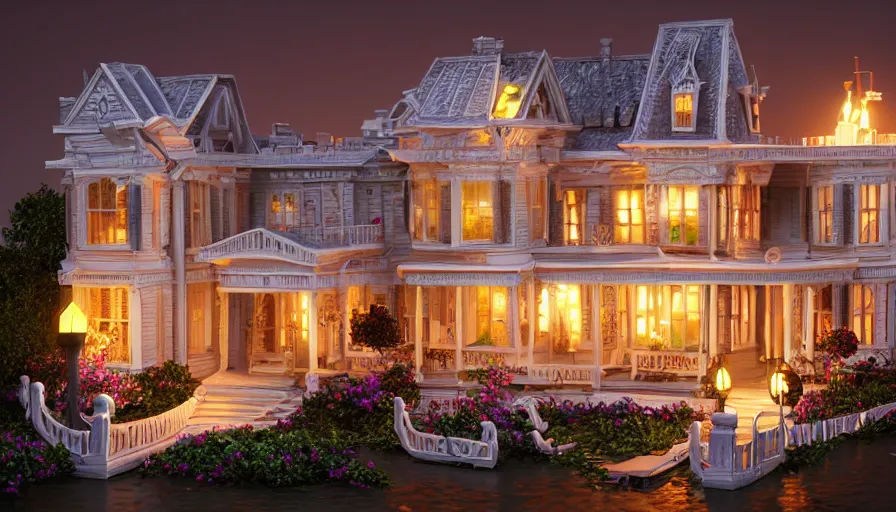 Image similar to photorealistic claymation art of a victorian house on top of a floating island, elegant, candle lighting, extremely detailed, realistic, art galery