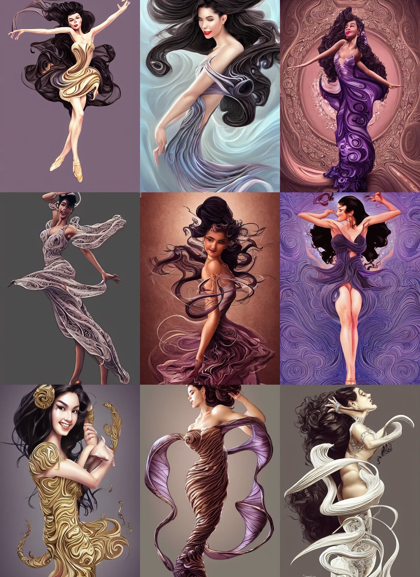 Prompt: classic dancer striking a pose, swirly flower dress, swirly dark hair, smile like a sphinx, by artgerm, intricate, elegant, sophisiticated, highly detailed, swirly fractals, artstation, by bayard wu and mike mayhew and patrick brown