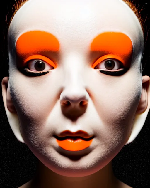 Image similar to symmetrical close - up portrait of a woman wearing a orange silicone beauty mask and hair buns, wearing a black bodysuit by alexander mcqueen, cream white background, soft diffused light, biotechnology, humanoide robot, bjork aesthetic, translucent, by rineke dijkstra, intricate details, highly detailed, masterpiece,