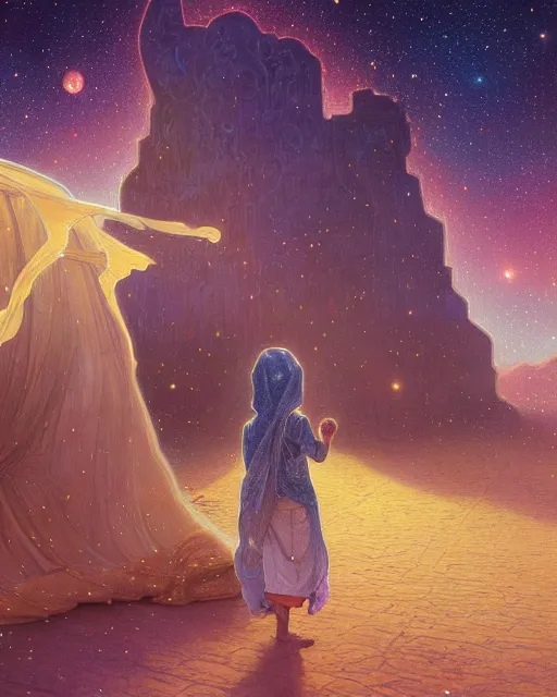 Image similar to bedouin child praying in galaxy walking towards mosque surrounded by nebula, highly detailed, gold filigree, romantic storybook fantasy, soft cinematic lighting, award, disney concept art watercolor illustration by mandy jurgens and alphonse mucha and alena aenami, pastel color palette, featured on artstation