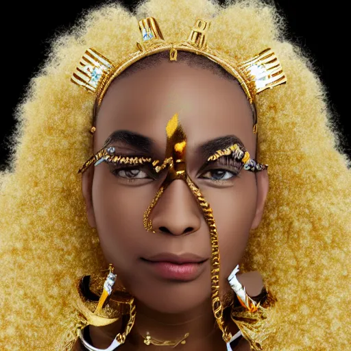 Prompt: afrofuturist woman with gold jewelry