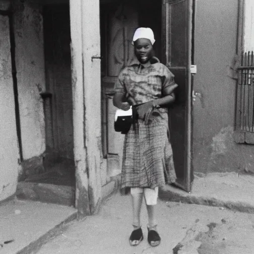 Prompt: of a young 2 1 year old white girl on the main street in bulawayo with a suitcase in 1 9 6 0 black and white photograph