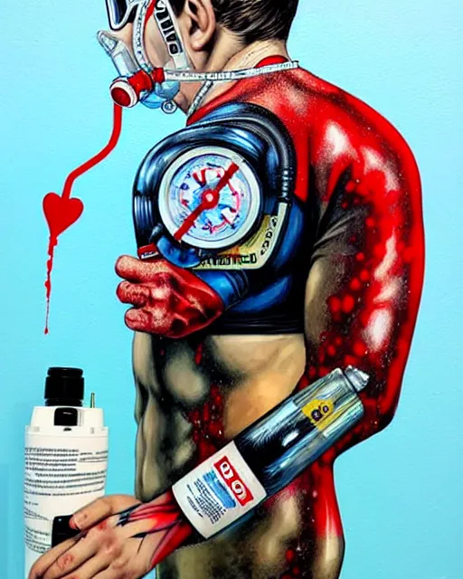 Image similar to diver man wearing oxygen mask, has blood, rose, a pistol and a syringe needle with sea background intricate details with horror side profile by Sandra Chevrier