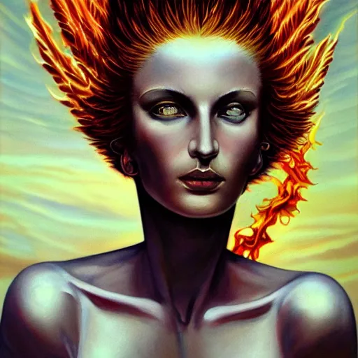 Image similar to A beautiful painting of a goddess with a body made of flames by Jim Burns, fantasy, Trending on artstation.