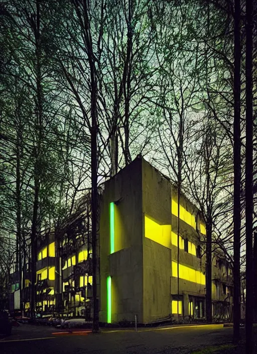 Image similar to “ brutalist architecture surrounded by a neon forest ”