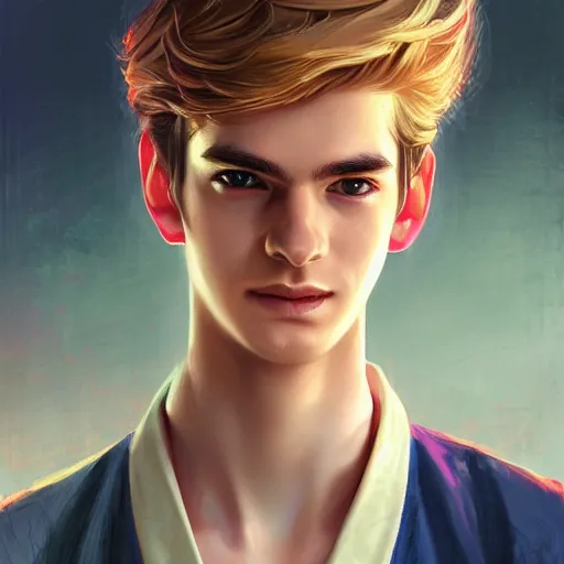 Image similar to colorful Captivating teenage boy with brown blond hair and facial structure like andrew garfield, brown eyes with red eye markers, slim body, wearing a detailed Japanese kimono with golden details, atmospheric lighting, painted, intricate, 4k, highly detailed by Charlie Bowater