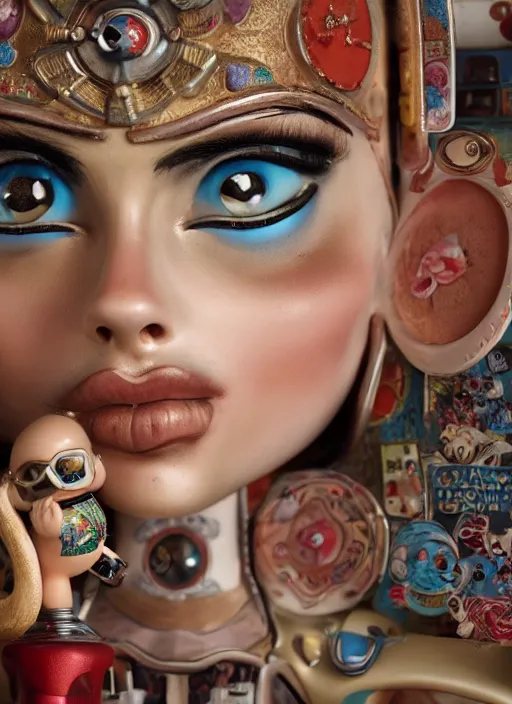 Prompt: closeup of a tin toy cara delevingne, depth of field, zeiss lens, detailed, symmetrical, centered, fashion photoshoot, by nicoletta ceccoli, mark ryden, lostfish, earl nore, hyung tae, frank frazetta, breathtaking, 8 k resolution, extremely detailed, beautiful, establishing shot, artistic, hyperrealistic, octane render