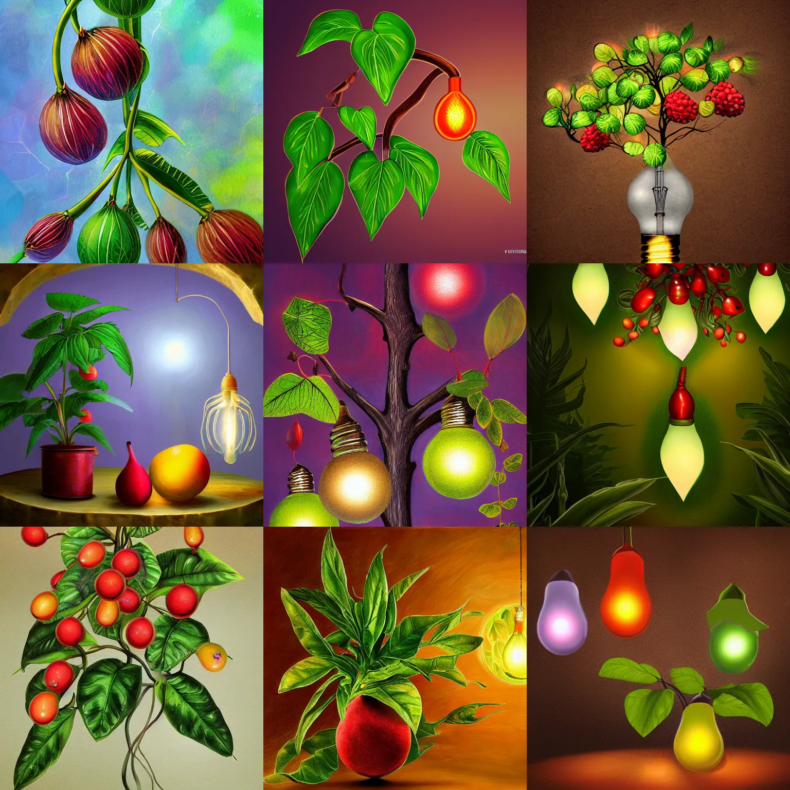 Prompt: Fantasy painting of a plant that has light bulbs for fruit. 8k high resolution, extremely detailed.