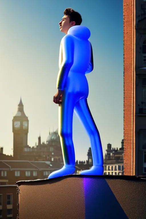 Prompt: un ultra high definition studio quality photographic art portrait of a young man standing on the rooftop of a british apartment building wearing soft baggy inflatable padded iridescent pearlescent suit. three point light. extremely detailed. golden ratio, ray tracing, volumetric light, shallow depth of field. set dressed.