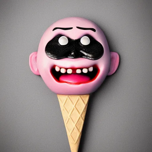 Image similar to ice cream popsicle shaped like screaming chucky doll, octane render, centered, highly detailed