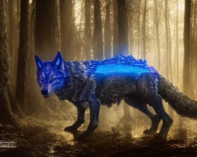 Image similar to 5 5 mm portrait photo of an armored holy wolf with blue glowing eyes and looking at the camera, flooded in holy lights, in a magical forest. magical atmosphere. art by greg rutkowski and luis royo. highly detailed 8 k. intricate. lifelike. soft light. nikon d 8 5 0.