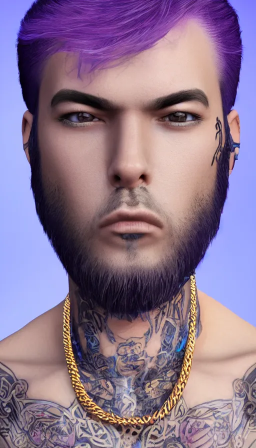Image similar to 3D high detailed render of a male with purple hair and gold chains, face tattoos, profile picture on a blue background, sweat drops, insane, intricate, highly detailed, oil painting, smooth, sharp focus, Unreal Engine 5, 8K