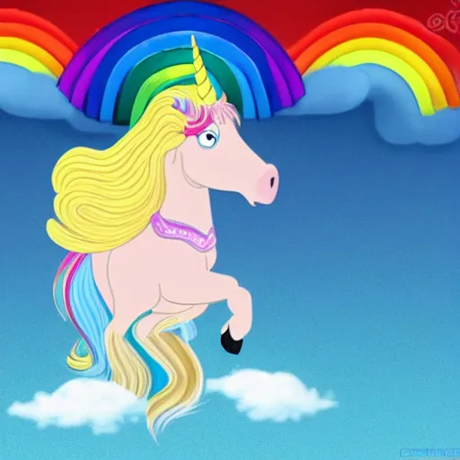 Prompt: a princess with extremely long blond hair from a cartoon riding a unicorn over a rainbow, pixar style