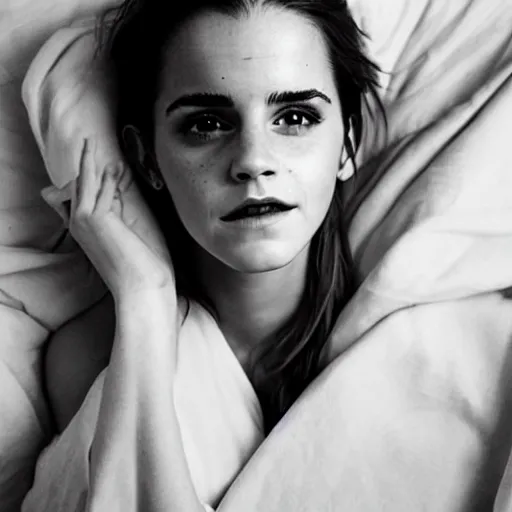 Image similar to emma watson waiting for you in bed at night while smiling shyly, messy hair bedhead, very sleepy and shy, bare shoulders, comforting, covered in little white blanket, dim cool lighting