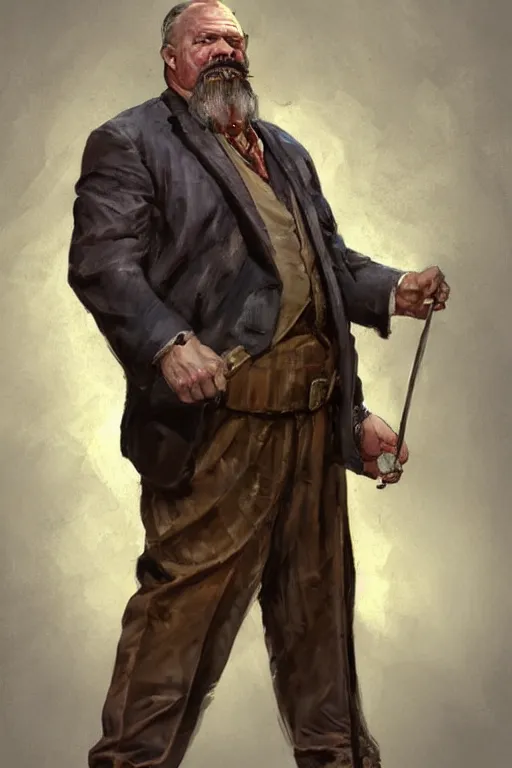 Prompt: vernon. Smug old west circus strongman. concept art by James Gurney.