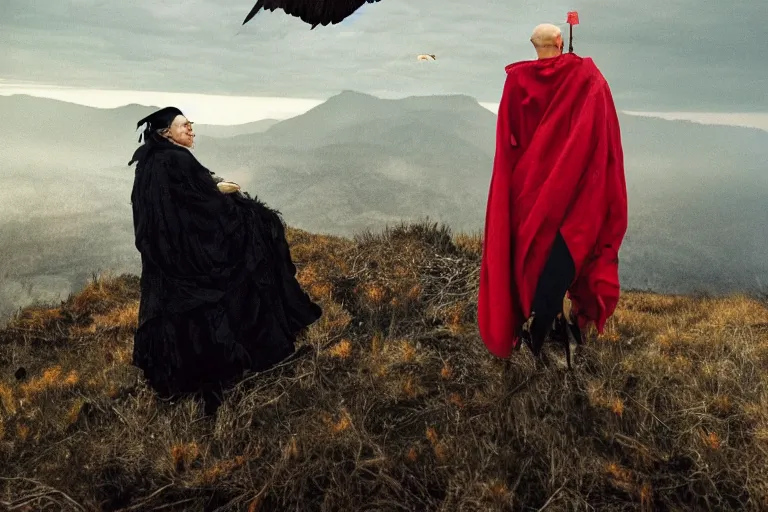 Image similar to at Dusk a witch woman dressed in an elaborate tattered cloak with hood, stands overlooking a mountain range as she holds up a lit and burning red signal flare. An american bald eagle flies towards her. Portrait by annie Liebowitz.